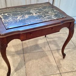 Antique French Style Coffee / Accent Table Black Marble Insert 2 Drawers Solid Wood Cabriole Legs