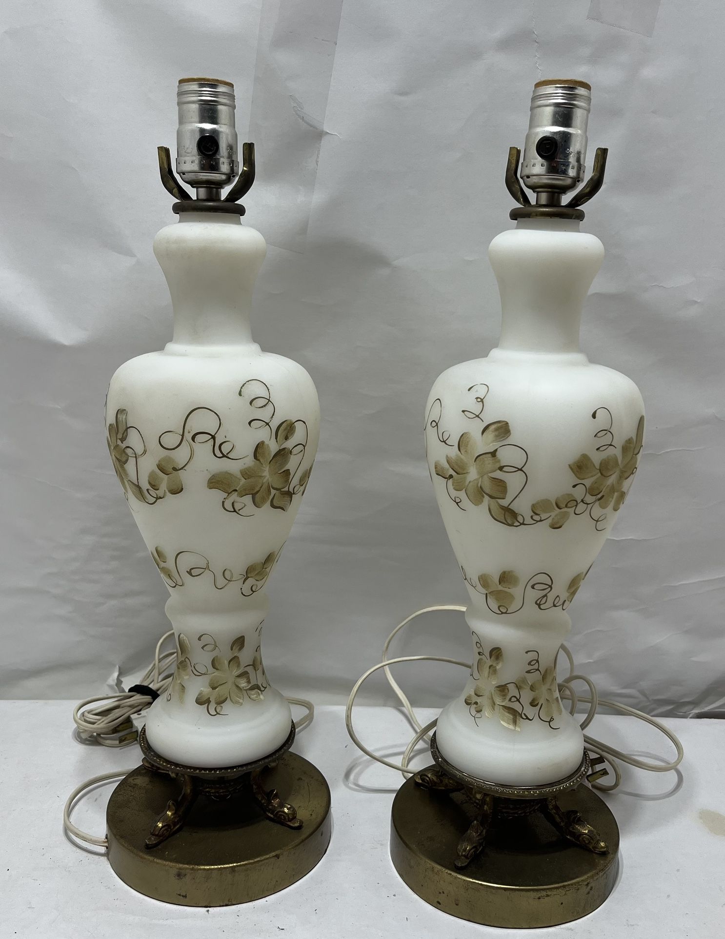 Pair of Vintage Fenton Frosted Painted Glass Lamps