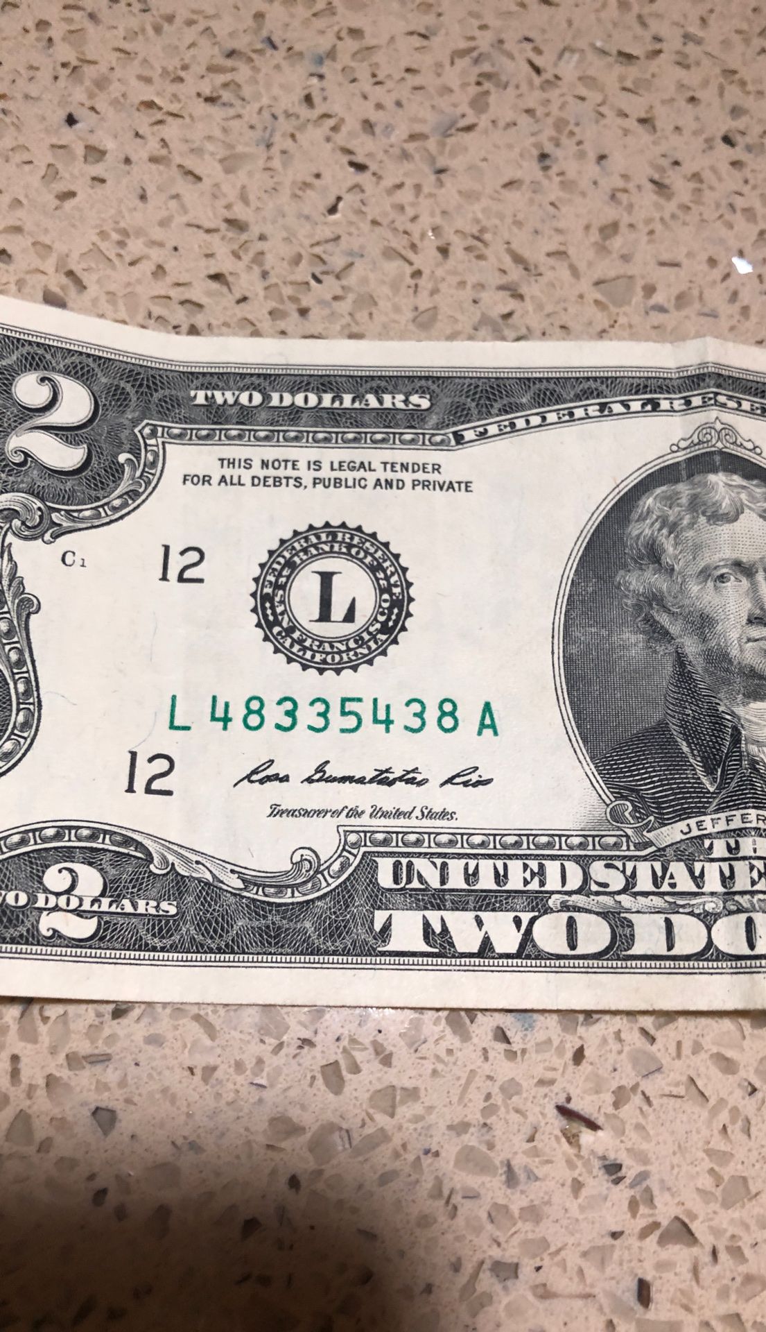 Original 2 dollar bill