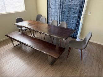 Free edge dining table with bench and chairs