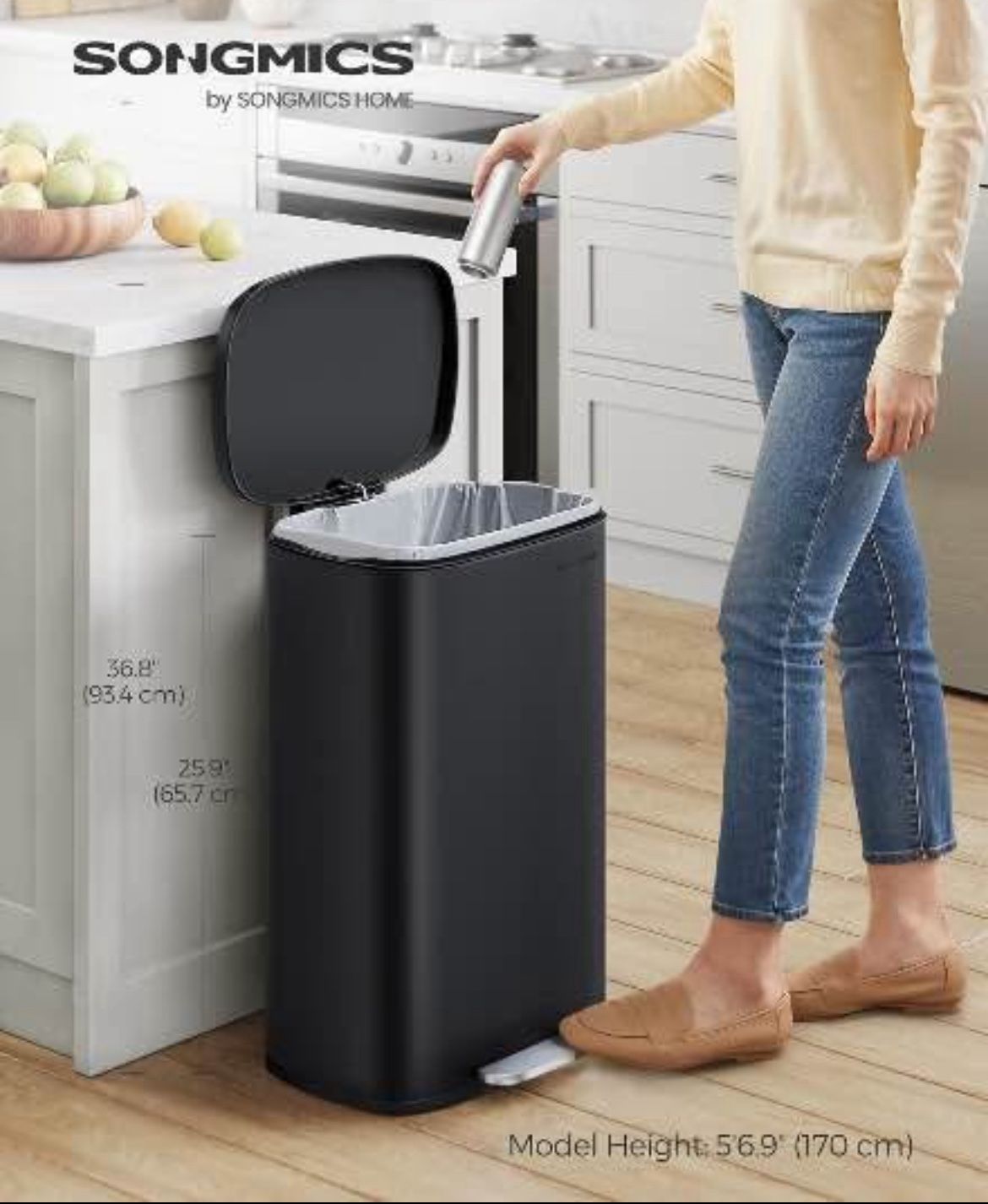 13 Gallon Trash Can, Stainless Steel Kitchen Garbage Can, Recycling or Waste Bin, Soft Close, Step-On Pedal, Removable Inner Bucket, Black