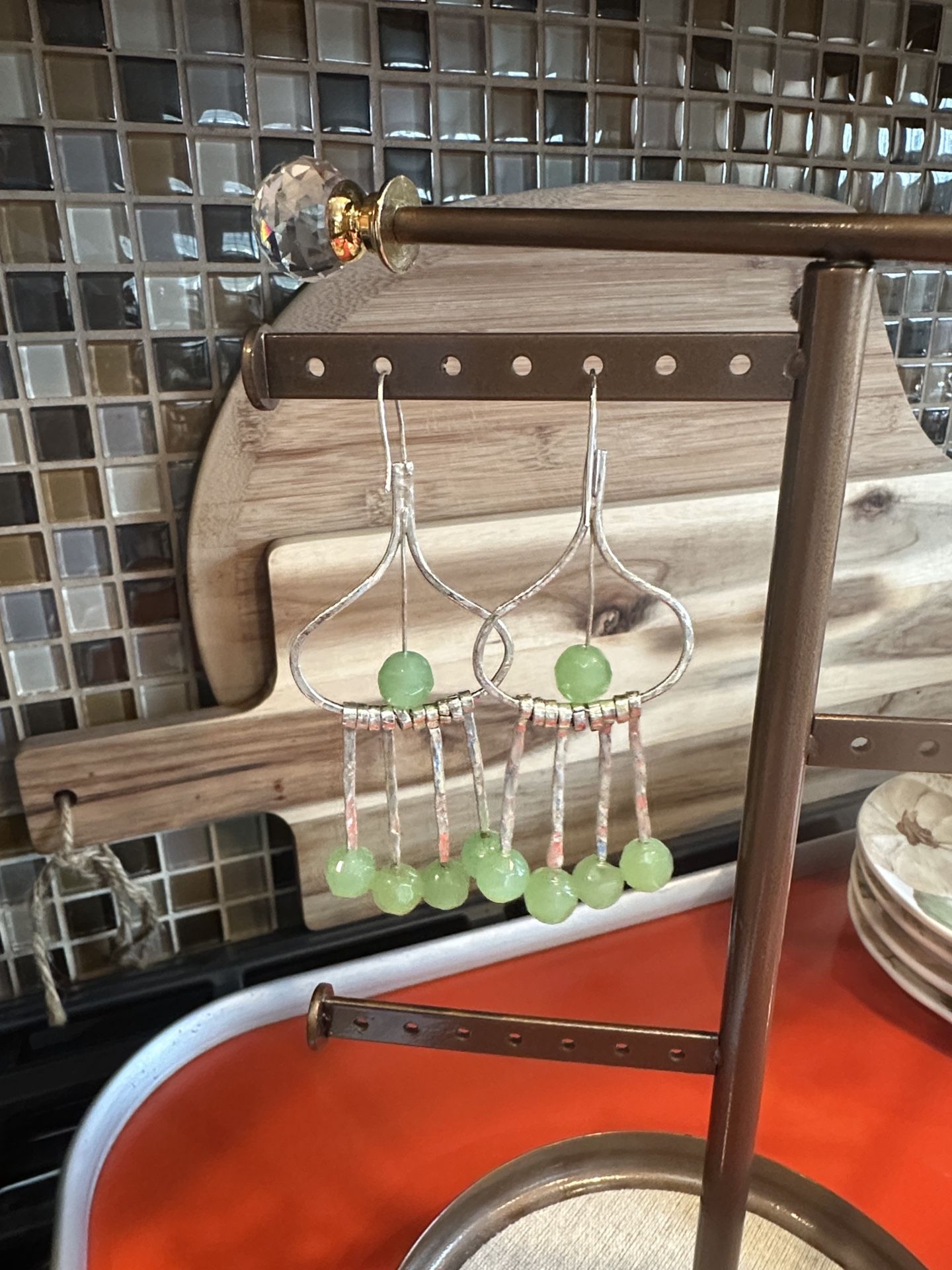 Silver And Jadeite Beads Dangle Earrings