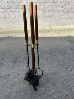 MCM Fireplace Tools On Rotating Stand Teak Handles Brush, Pan, Two Pronged Poker