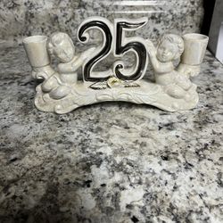Vintage 25th Anniversary Iridescent Cherubs Candlestick Holder Ceramic Japan