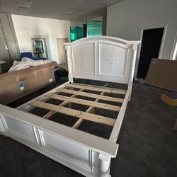 King Bed Frame Solid Wood In White Rustic Country Paint