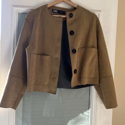 Zara Size Large soft suede khaki effect buttoned lapel Jacket (L)