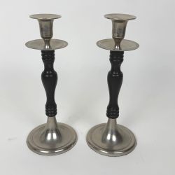 Set of 2 Silver-Tone & Dark Wood Candle Holders 10"