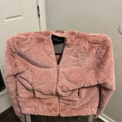 Women’s Pink Hooded Faux Fur And Polyester Lining Pullover Jacket