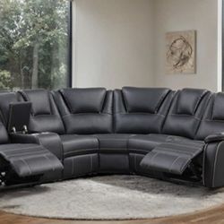 Brand New Black Leather Reclining Sectional Sofa