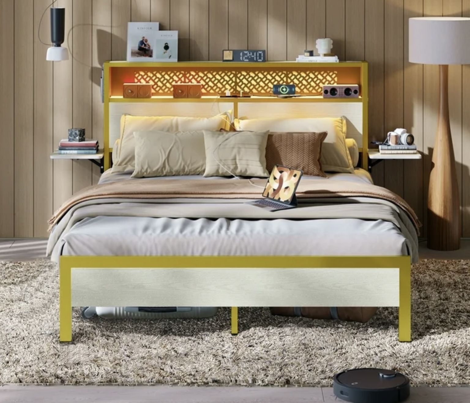 NEW Platform Queen Bed Frame W/ LED & Foldable Bedside Shelves & LED Storage Headboard Charge Station, White !