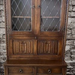 200$ Exquisite Antique Jacobean Solid Oak Display Cabinet with Leaded Glass ◇■◇