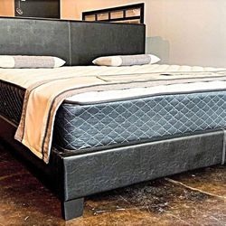 Brand New Black Full Size Leather Platform Bed Frame With New Plush Mattress