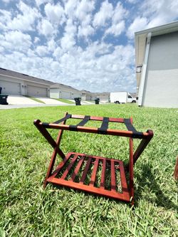 Folding Wooden Luggage Rack with Lower Shelf – Mahogany Finish
