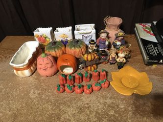 THANKSGIVING CERAMIC DECORATION LOT FIGURINES SCARECROW PUMPKIN TURKEY BASKET