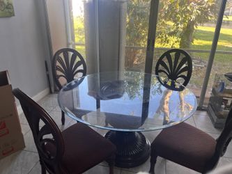 Antique Glass Table Set With 4 Solid Wood Chairs And Solid Wood Base