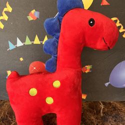 DINOSAUR FOR BABY!!  RES AND BLUE WITH YELLOW POLKA DOTS!  13 INCH NEW WITH TAGS! 