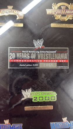 WWE 20 Years of WrestleMania Commemorative Framed Pin Set
