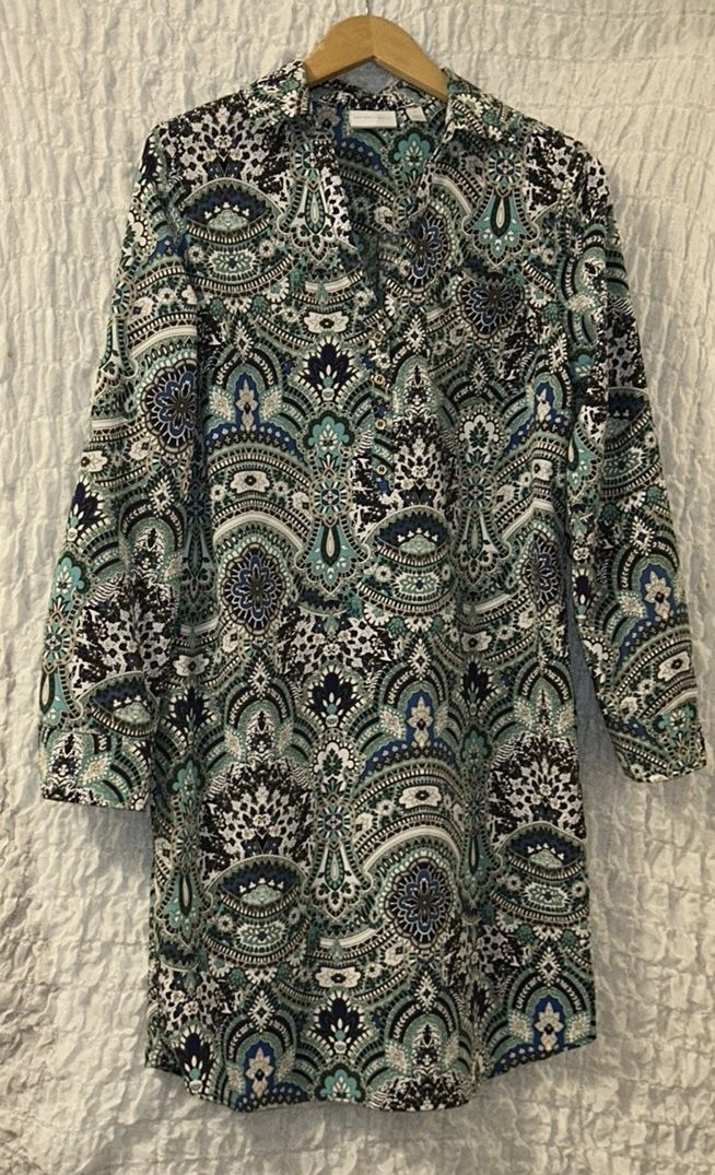 New York & Company: Paisley, Roll -Tab Sleeved, Belted, Shirt Dress, Size: M