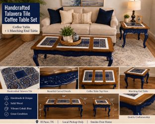 Handcrafted Talavera Tile Coffee Table + End Table – Solid Wood