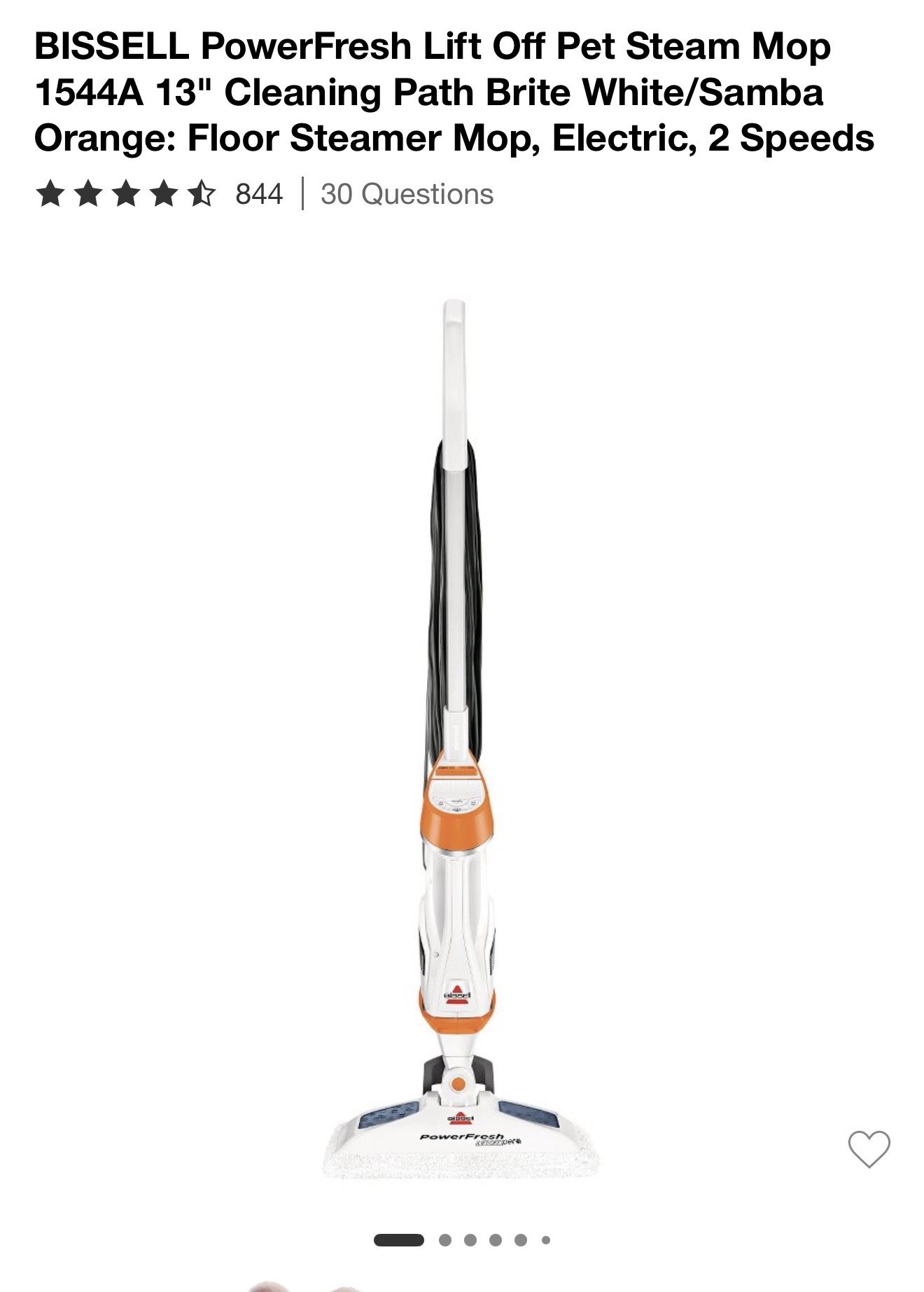 BISSELL PowerFresh Lift Off Pet Steam Mop 1544A 13" Cleaning Path Brite White/Samba Orange: Floor Steamer Mop, Electric, 2 Speeds