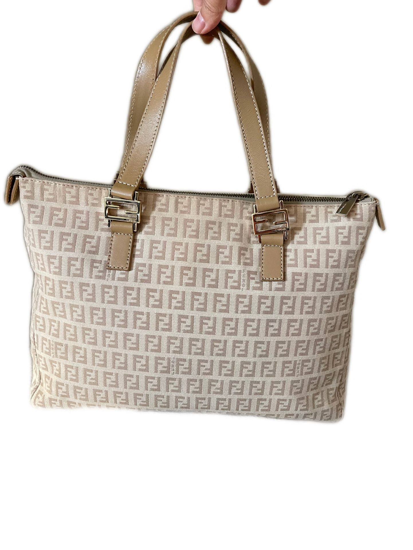 Fendi Beige Zucca Canvas Tote Bag with Leather Trim – Pre-owned