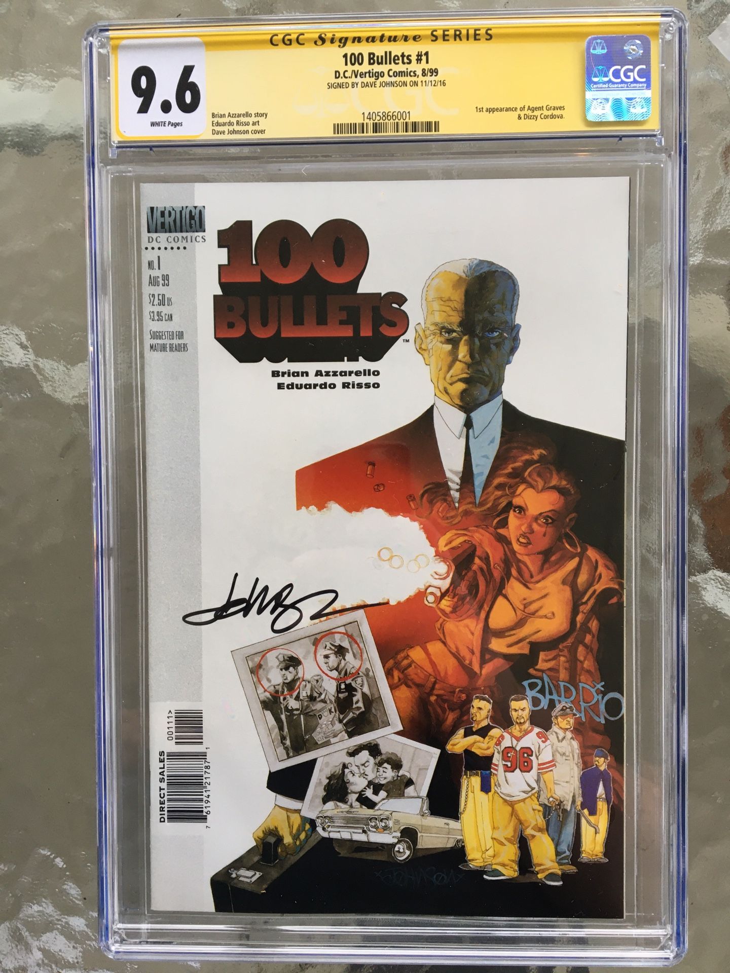 100 Bullets #1 (1999) CGC 9.6 — White Pages; Signed (SS) By Dave Johnson