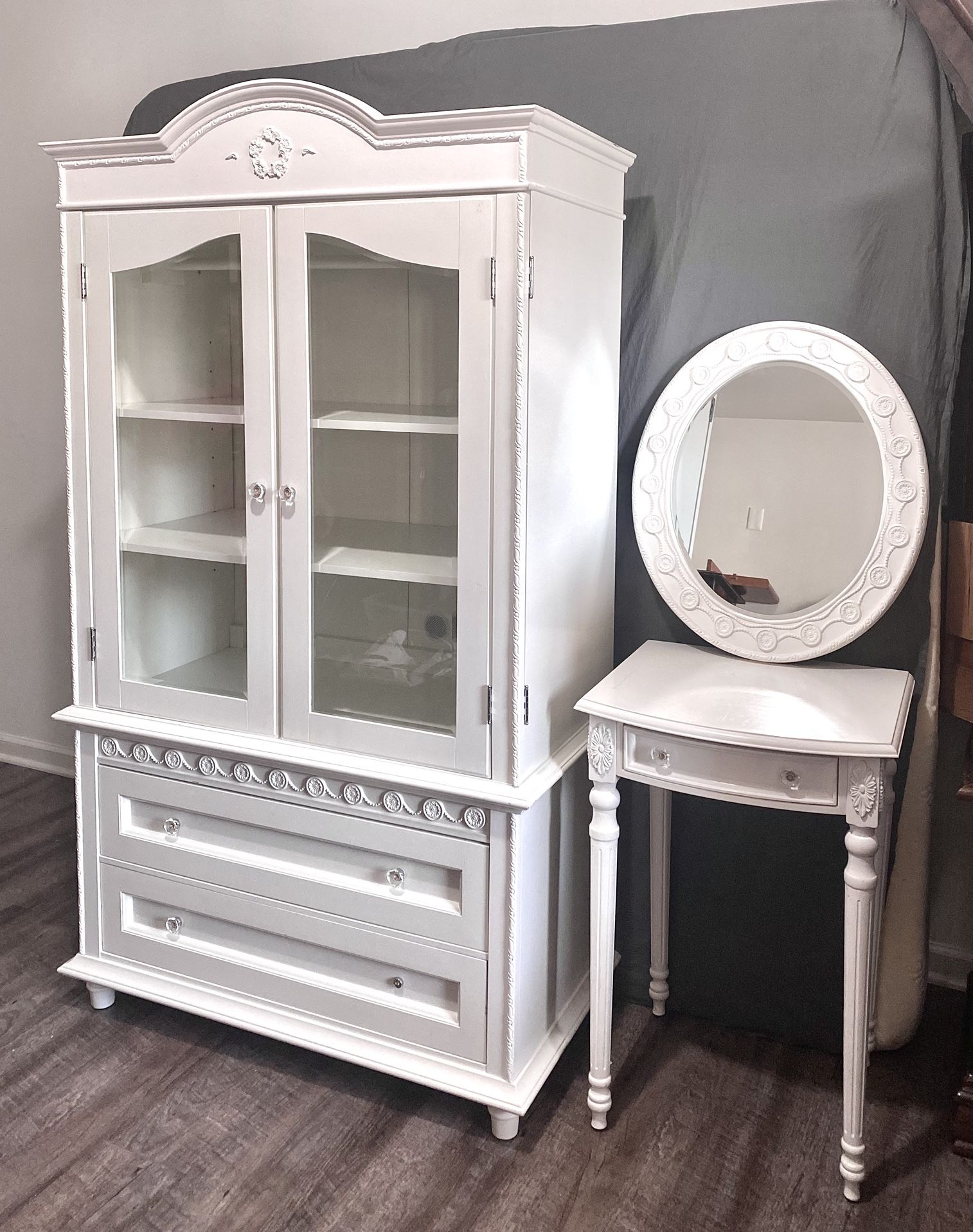 Shabby Chic French Provincial Armoire – Vintage Cabinet + FREE Mirror & Table!