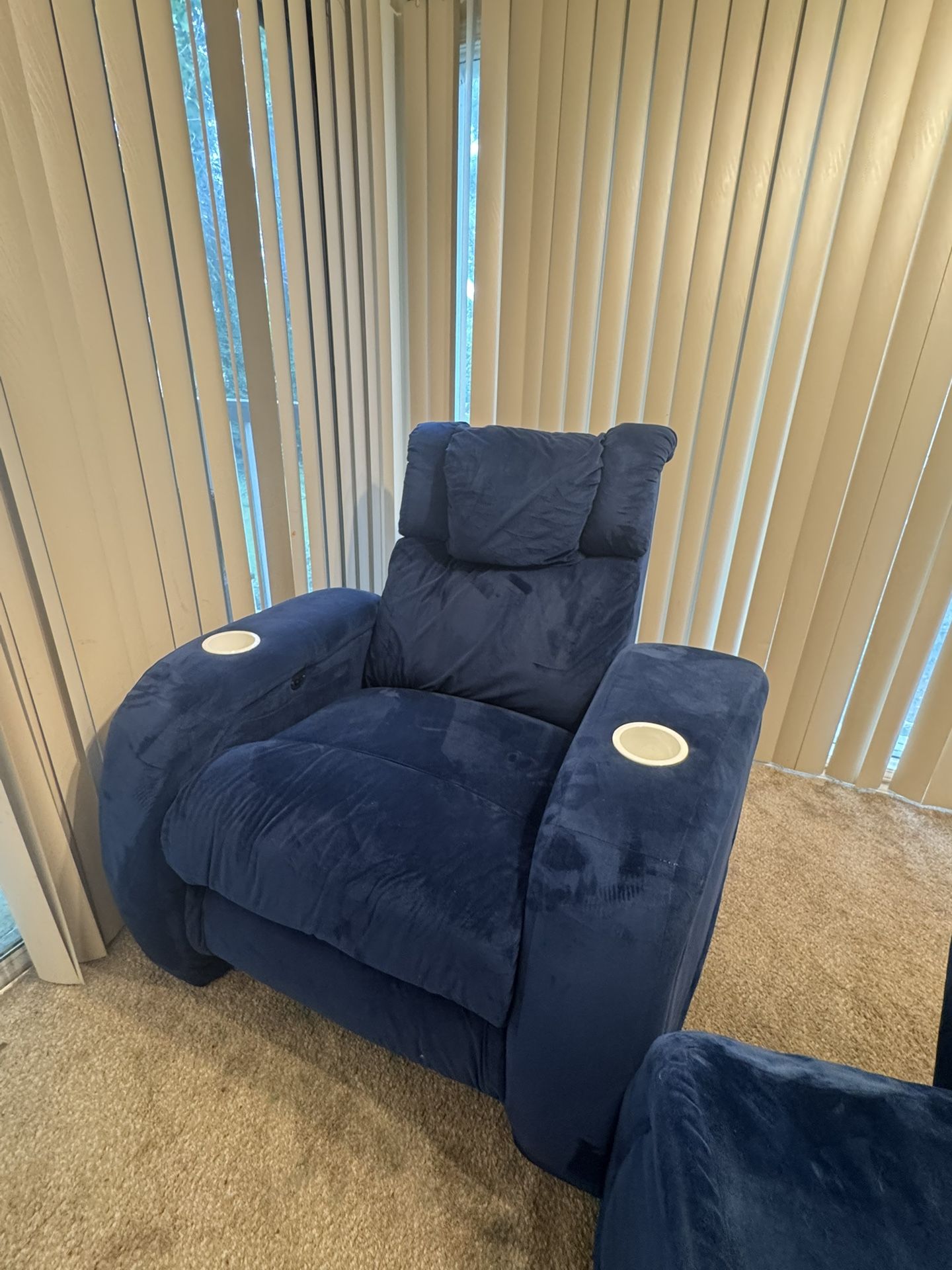 Set Up Two Blue Reclining, Rocking Chairs