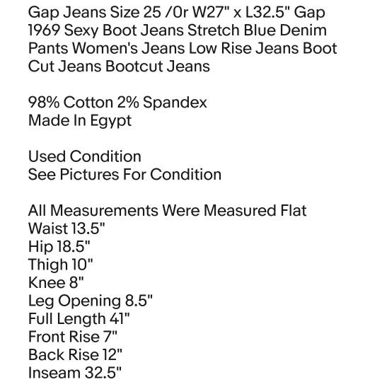 Gap jeans measurements deals