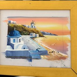 Hand Painted Coastal Mediterranean Canvas – Santorini Style Seascape – Framed Wall Art