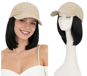 Beige Adjustable Hat Wig 6" Synthetic Extensions Jet Black