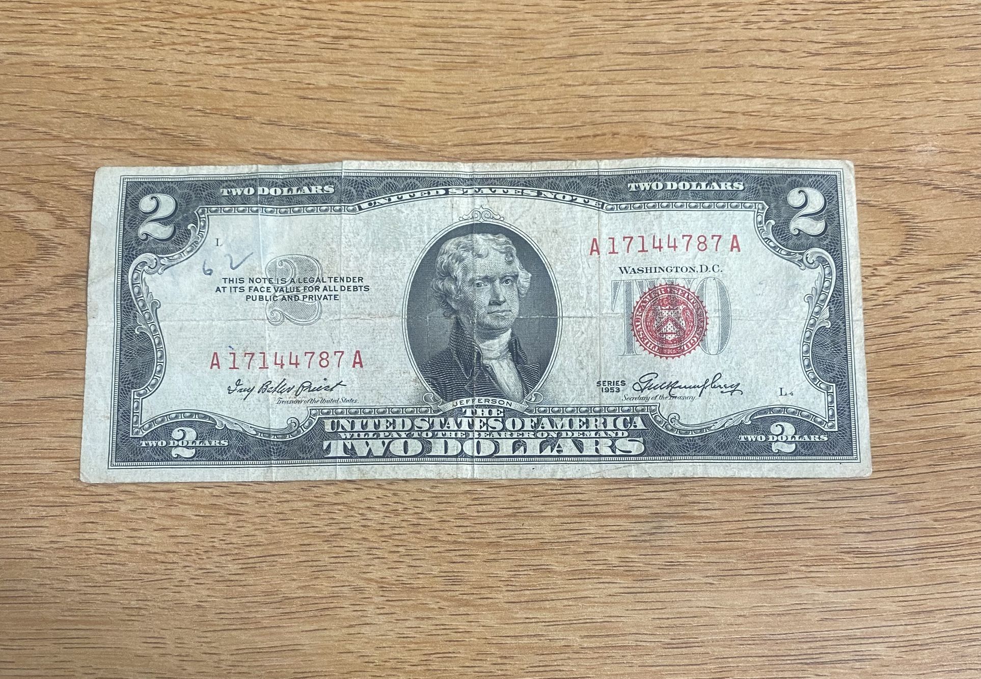 1953 $2 Red Seal Legal Tender United States, Not