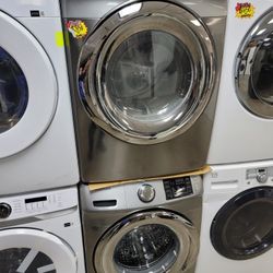 Samsung Front Loading Washer And Stackable Gas Dryer Set In Platnum Stainless Steel 