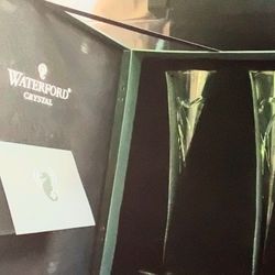 2 Waterford Crystal 11" Toasting Flutes- In Case like New, With Waterford Card And Stamped 
