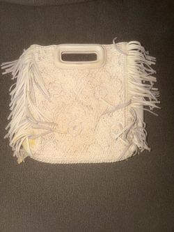 Maje Beige Crochet Fringe Top Handle Bag Zip Adjustable Detachable Strap Gold