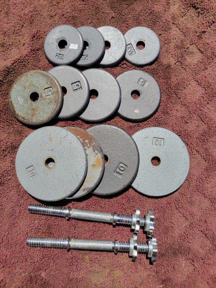 1" HOLE  PANCAKE ADJUSTABLE DUMBBELLS  70LBs TOTAL 
4-10s  4-5s  4-2.5s
7111  S. WESTERN WALGREENS 
$85. CASH ONLY AS IS