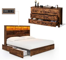 AMERLIFE 2-Piece Bedroom Set, Queen Bed Frame & 6 Drawer Dresser