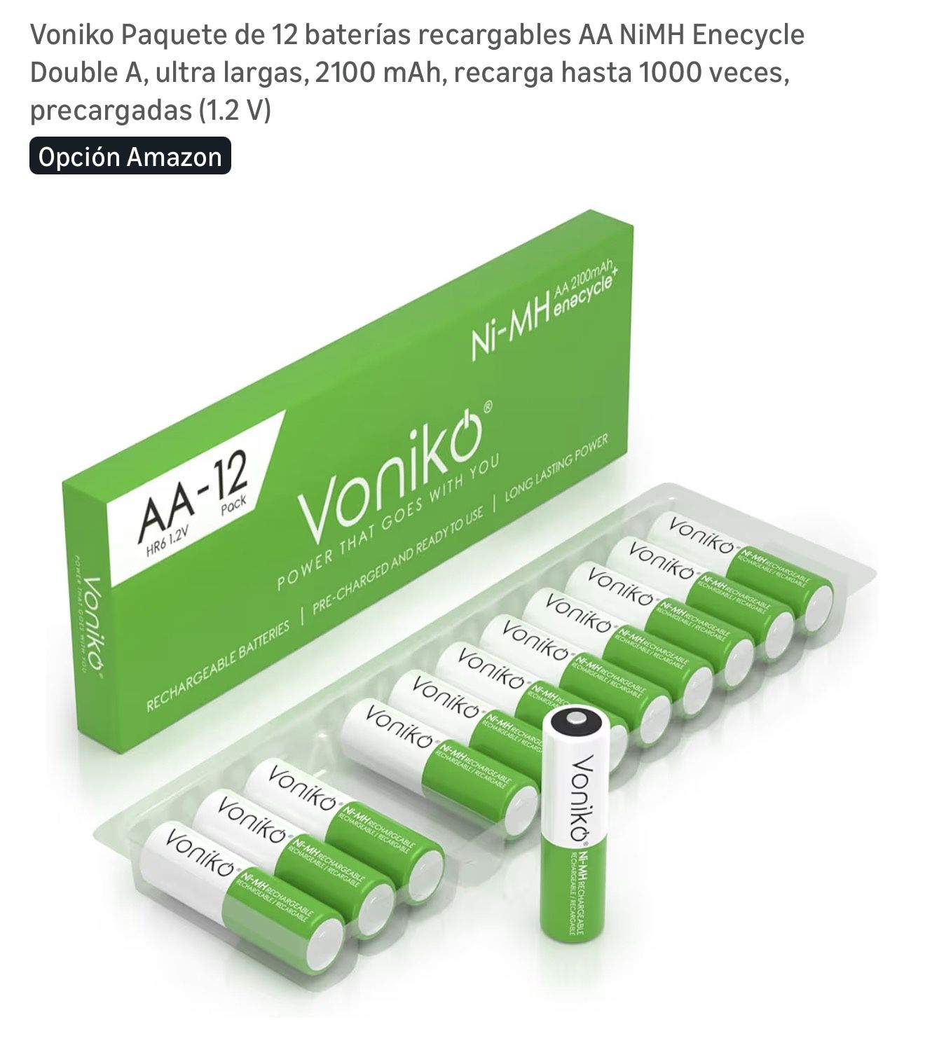 Voniko 12-Pack Rechargeable AA Batteries — High-Capacity 2100 mAh, Pre-Charged (1.2V)