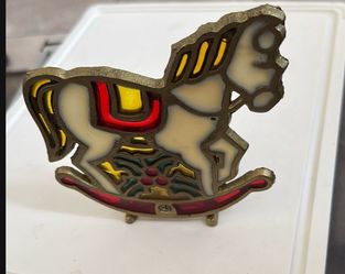 Vintage Rocking Horse Tealight Candle Holder Faux Stained Glass