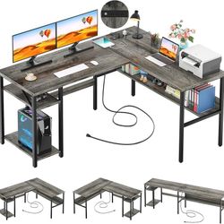 Reversible L Shaped Desk with Magic Power Outlets and USB Charging Ports, Sturdy Corner Computer Desk with Storage Shelves, Gaming Desk for Home Offic