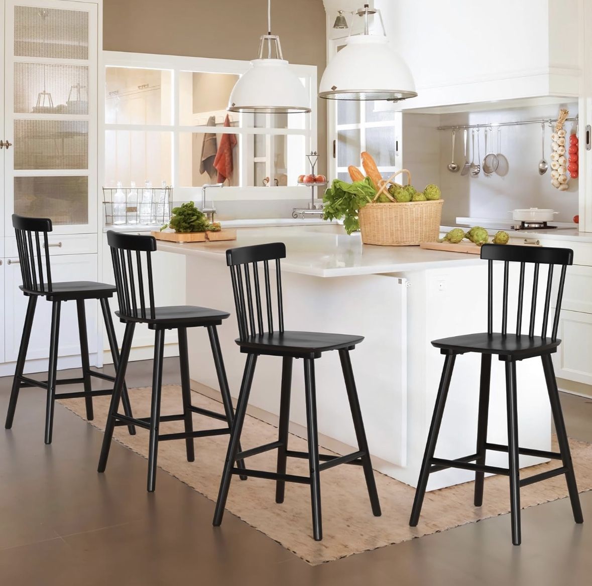 Windsor Wooden Bar Stools Set of 4 for Kitchen Island, Farmhouse 26 Inch Counter Height Stools Chairs with Spindle Back, Black