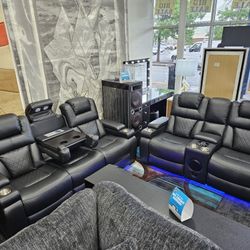 Top Quality Electric Bluetooth Speaker LED Lighted Reclining Sofa And Loveseat With Wireless Charging
