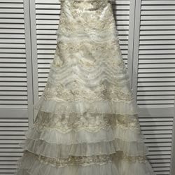 Oleg Cassini David’s Bridal Strapless Ivory/Champagne Wedding Gown
