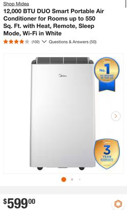 12,000 BTU DUO Smart Portable Air Conditioner for Rooms up to 550 Sq. Ft. with Heat, Remote, Sleep Mode, Wi-Fi in White