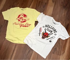 Hellfire Boy & Surfer Boy Pizza Stranger Things Both Tees Sm & Med