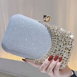 Elegant Mini Evening Bag, Light Luxury Simple Ladies Handbag with Golden Rhinestone Crown, Removable Shoulder Strap, and Accents, Suitable for Wedding