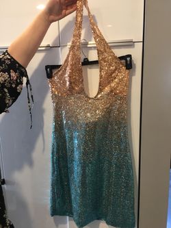 Large aqua and rose gold sequin halter dress
