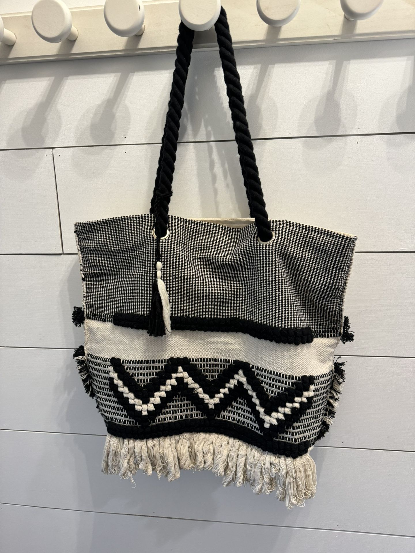 Black And Cream Woven Large Bag