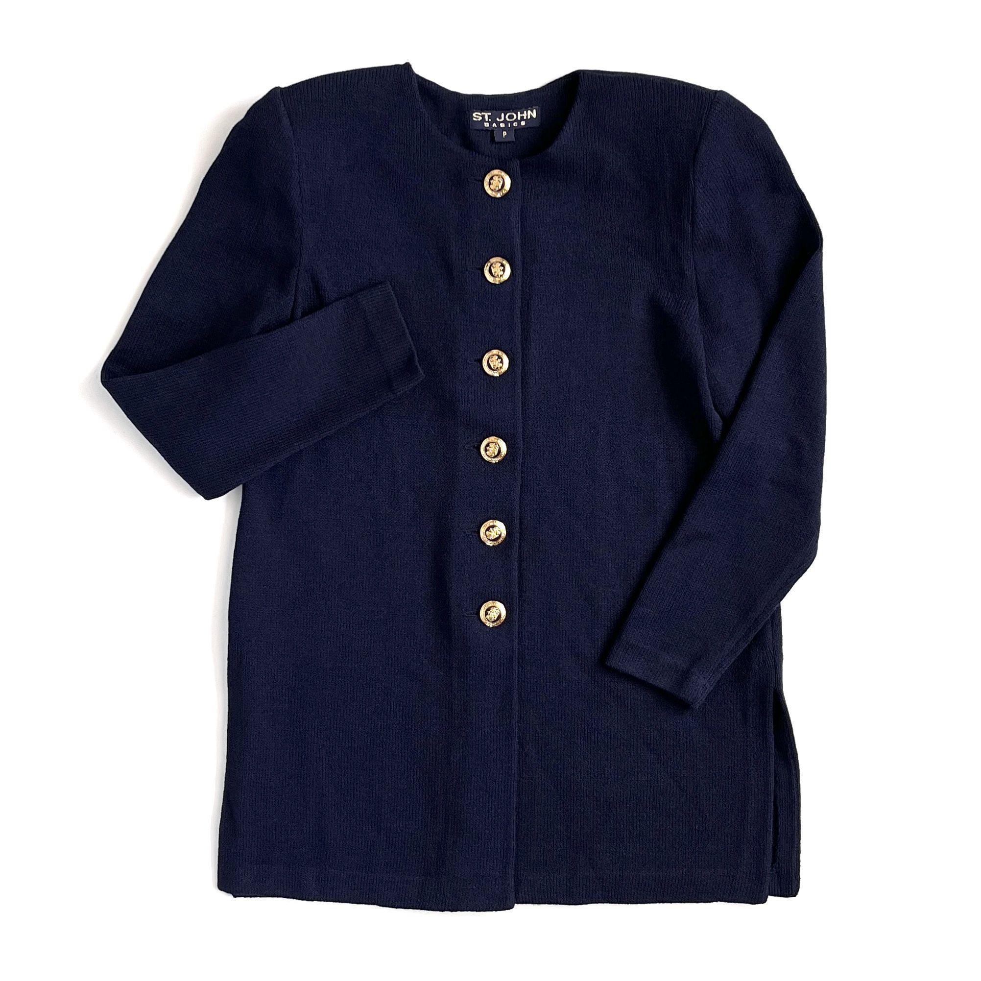 St. John Basics Women’s Long Navy Blue Santana Knit Button Down Cardigan Jacket