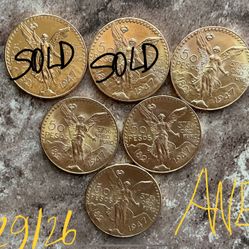 AMAZING (6) MEXICAN GOLD 1947 CENTENARIO ORIGINAL DE CASA DE MONEDA MEXICO 22 KILATES UNCIRCULATED (41.6 GRAMOS 